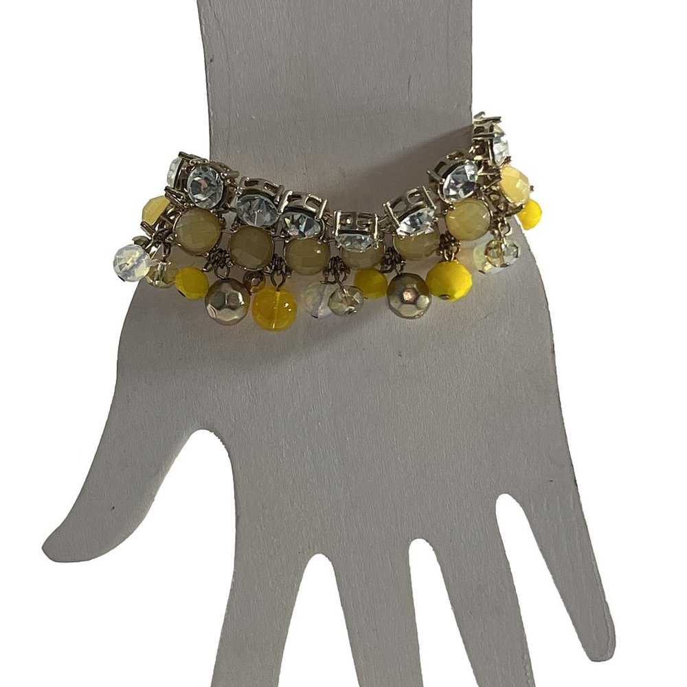 Gold Tone Bracelet Faux Yellow Stones Rhinestones Dangle Beads Boho Bling